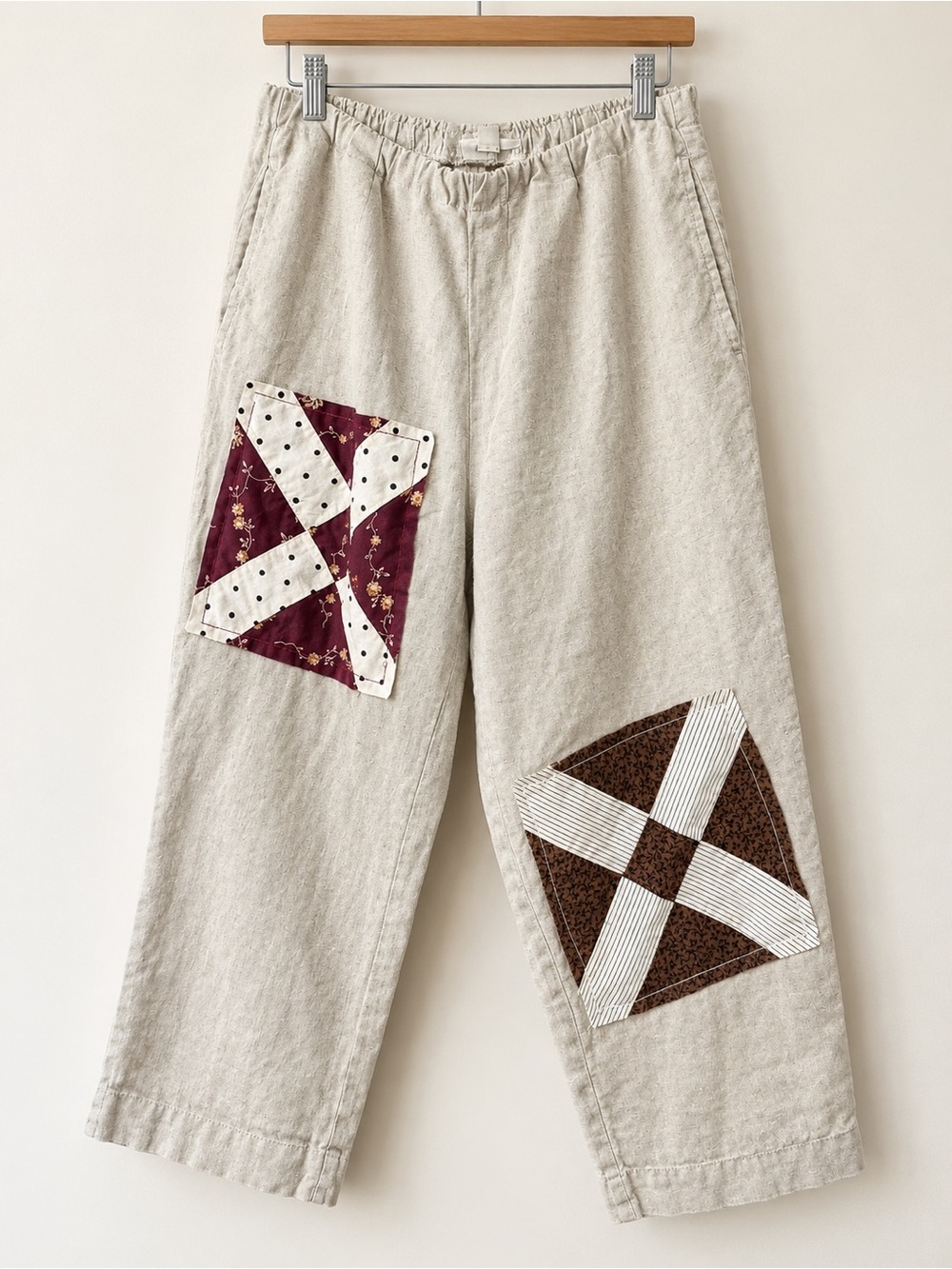 Beige Patchwork Capris with Decorative Quilt Patches